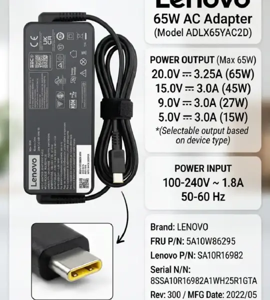 Lenovo 65W AC Adapter USB-C Power Pin Type (Yellow Tip Internal Shielding)