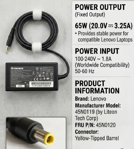 Lenovo 65W AC Adapter Yellow-Tipped Barrel Tip